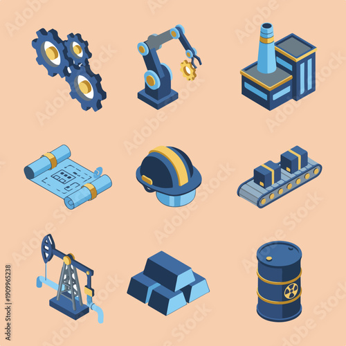 A set of nine isometric icons illustrating key industrial and manufacturing elements such as machinery, factory, blueprints, safety gear, energy, and raw materials.