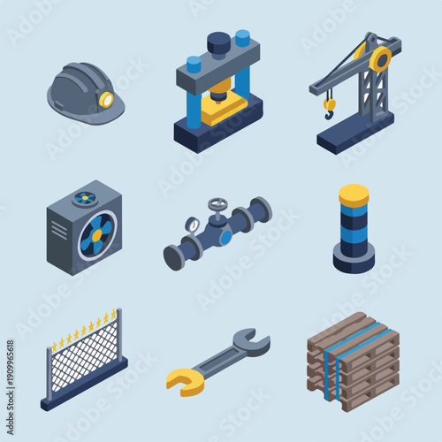 A collection of nine isometric illustrations depicting various industrial and construction equipment and materials like a hard hat, crane, press, pipes, and pallets.