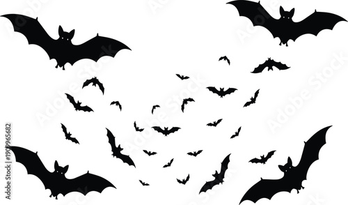 Silhouette of a flock of birds flying in the sky, bird swarm collection isolated on white background, cad drawing flat vector illustration