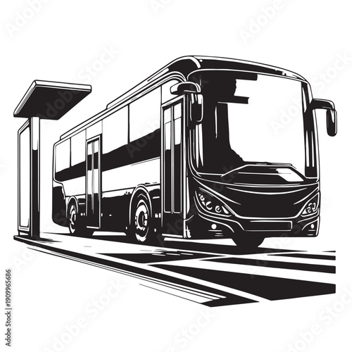 Black Bus waiting Silhouette Vector, High Quality Illustration on White Background