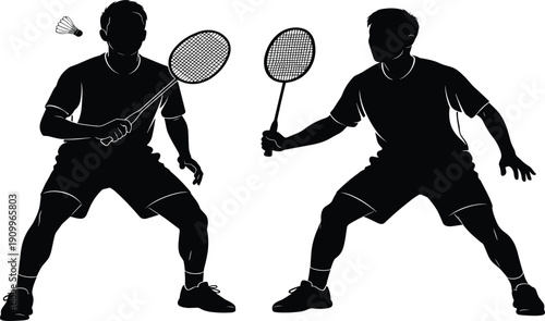 Black and white badminton player silhouettes set, male athletes with rackets and shuttlecock, active sports competition flat vector icons for tournament design
