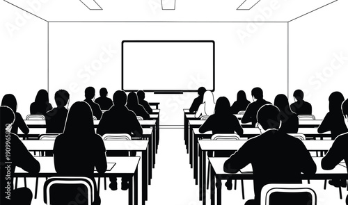 PrintBlack and white classroom silhouettes set, students sitting at desks in lecture hall with whiteboard, education learning flat vector study icons
