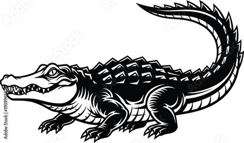 Black and white crocodile alligator silhouette, powerful wild reptile with detailed scales and sharp teeth, swamp predator nature flat vector illustration icon