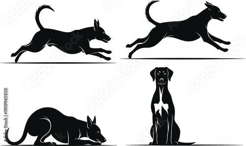 Black and white dog silhouettes set, domestic pets in active running and sitting poses, canine animal behavior flat vector icons for design