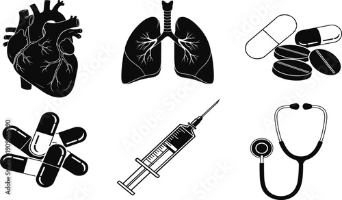 Black and white medical icons set, human heart and lungs anatomy with pills syringe and stethoscope, healthcare flat vector study design elements