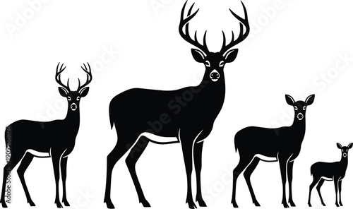 Black deer silhouette collection with buck stag and doe family group, cad drawing flat vector illustration, isolated on white background, hunting set