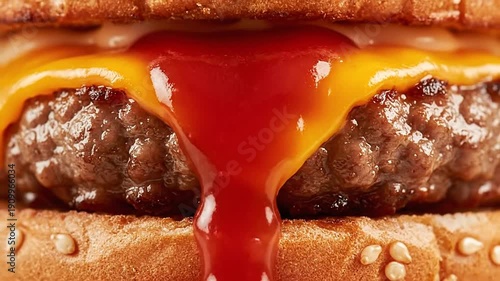 Close-up shot of a delicious beef burger with melted cheese and ketchup dripping