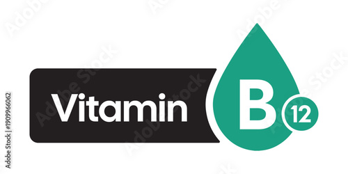 Professional Vitamin B12 Supplement Icon – High-Contrast Teal Nutrient Droplet and Label Graphic