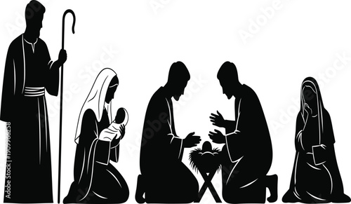 Christmas nativity scene silhouette with baby Jesus Mary Joseph and shepherds, religious holiday celebration, cad drawing flat vector illustration, isolated on white