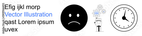Time management, emotional expression, workflow, productivity, scheduling, task management. Sad face emotion, clock gear mechanism. Emotional expression and time management ideas