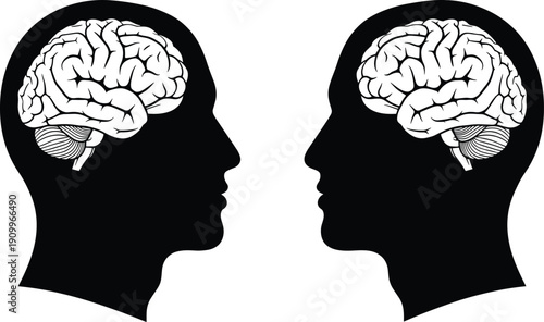 Human brain and head profile silhouettes set, mental health and psychology concept, neurological anatomy flat vector icons for medical and science design