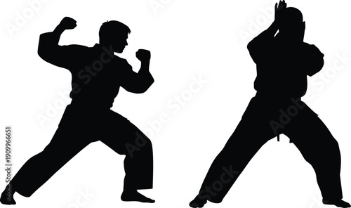Martial arts silhouette set of fighters in karate and judo combat poses cad drawing flat vector illustration for sports and self defense concept,