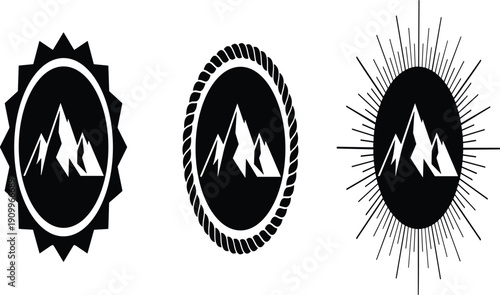 Mountain peaks silhouette badge collection with sunburst and rope frames, outdoor adventure emblem set, cad drawing flat vector illustration, isolated on white background