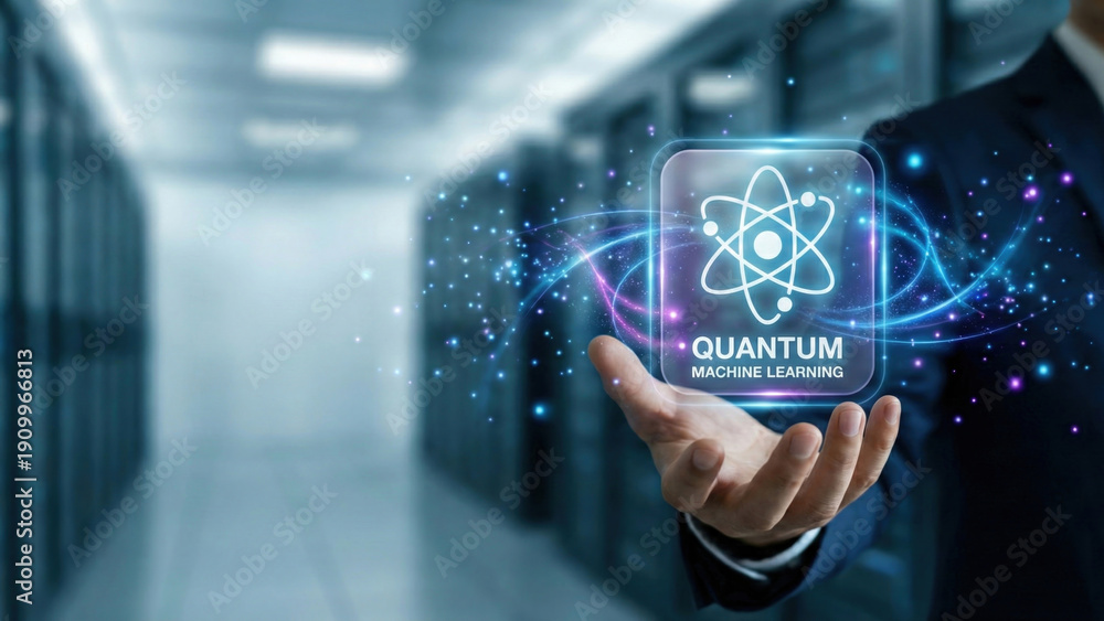 Fototapeta premium Quantum machine learning visual data server technology research concept glowing interface in hand futuristic ai innovation