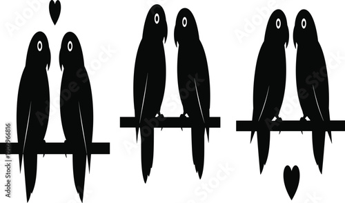 Romantic lovebird silhouette set sitting on branch with hearts for valentines day celebration cad drawing flat vector illustration for wedding card design