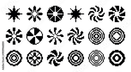 Collection of black pixel art icons featuring various geometric shapes like stars, spirals, and circles in a retro 8-bit video game style for graphic design elements