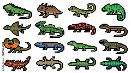 Pixel art collection of sixteen different lizard species, featuring a variety of colorful reptiles designed as classic 8-bit video game character sprites for a digital bestiary