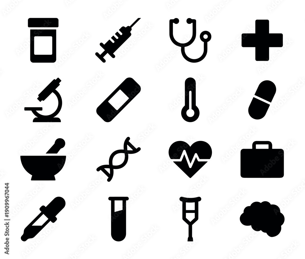 Fototapeta premium Set of black solid medical icons representing healthcare, science, and medicine, featuring a syringe, stethoscope, microscope, DNA, and other essential health symbols