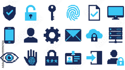 Set of retro 8-bit pixel art icons in blue tones illustrating digital security, user authentication, and information protection with various symbolic representations