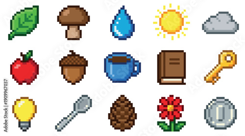 Set of colorful pixel art icons featuring nature, food, and everyday objects like a leaf, sun, apple, and key, rendered in a classic retro 8-bit video game graphic style