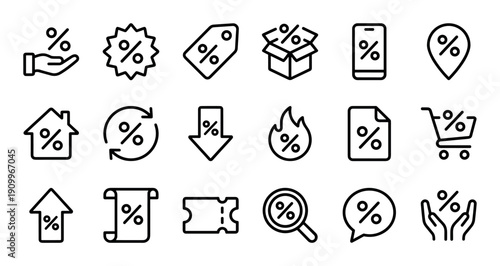 Versatile set of black outline icons illustrating various concepts of percentage, discount, and promotion for e-commerce, finance, and marketing in a clean minimalist style