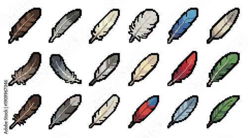 Colorful collection of pixel art bird feathers in various shapes and sizes, showcasing a retro 8-bit video game style with a black outline for each individual quill