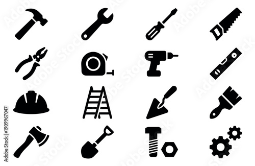 Set of black construction tool icons featuring a hammer, wrench, saw, drill, hard hat, and other repair and building equipment in a simple glyph style