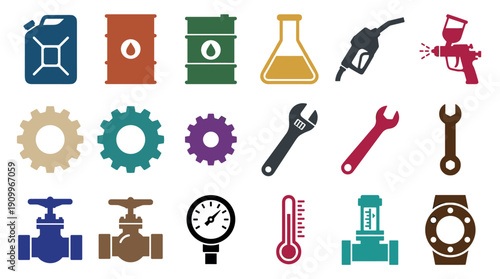 Colorful set of industrial vector icons representing fuel, machinery, tools, and measurement, including a jerrycan, oil barrel, gears, wrenches, and a pressure gauge