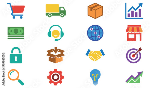 Sixteen colorful flat design business icons for web applications, illustrating concepts of online retail, delivery, finance, security, and marketing strategy