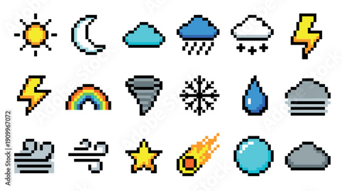 Set of pixel art weather icons featuring sun, moon, cloud, rain, snow, lightning, and tornado in a retro 8-bit video game style for digital design and interface elements