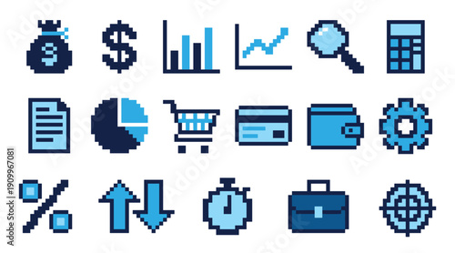 Blue pixel art business and finance icons featuring a dollar sign, graphs, a wallet, a briefcase, and a shopping cart, rendered in a minimalist 8-bit video game aesthetic