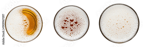 Top view of three beer glasses with foam and bubbles isolated on white background