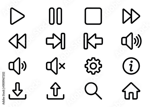 Set of sixteen universal user interface icons rendered in a simple black outline style, featuring symbols for media control, navigation, settings, search, and volume