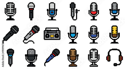 Colorful pixel art icon set of microphones, a boombox, and a headset for retro video games, featuring audio recording equipment in a classic 8-bit style