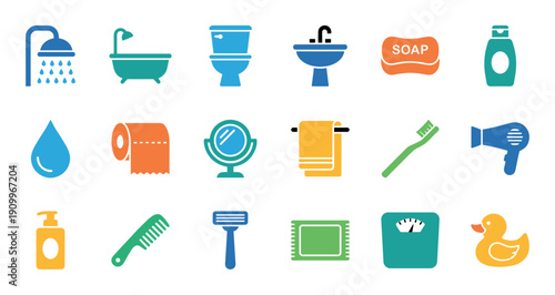 Colorful collection of bathroom and hygiene icons in a simple flat design style, featuring various toiletries and personal care objects for daily grooming and wellness