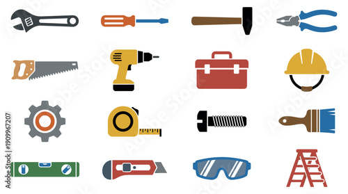 Collection of colorful construction and repair tool icons including a hammer, saw, drill, and wrench in a flat graphic design style for engineering and building concepts