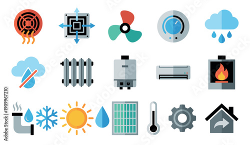 Collection of colorful flat design icons representing heating, cooling, ventilation, and climate control systems, including symbols for weather, temperature, and home utilities