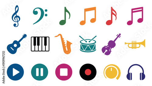 Colorful collection of music icons and symbols including instruments, notes, and player controls in a flat graphic design style for various creative media projects