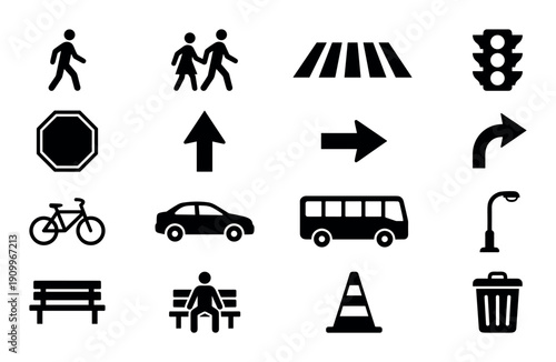 Set of simple black vector icons for city life, including people walking, a crosswalk, traffic signals, a car, bus, bicycle, bench, and various street elements