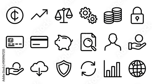 Collection of black finance and business line icons representing money, banking, security, and data analysis in a minimalist vector style for digital interface design
