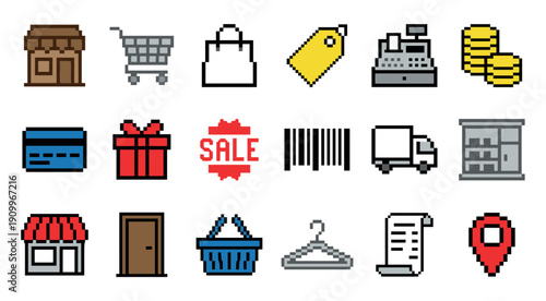 Set of pixel art shopping icons for e-commerce and retail, including a cart, bag, store, gift, and sale sign, rendered in a colorful 8-bit retro video game style