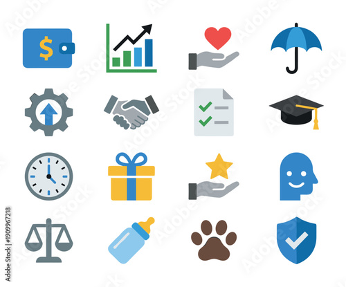 Versatile set of sixteen colorful flat icons representing concepts of business, finance, insurance, and life events like education, family, health, and legal matters
