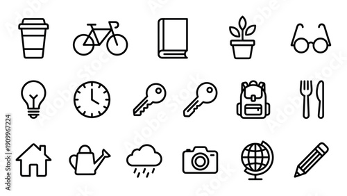 Collection of simple black outline icons representing daily life activities and objects like coffee, bicycle, book, camera, and travel, designed in a clean minimalist linear style