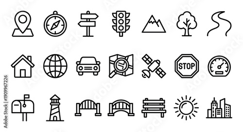 Comprehensive set of black line icons for travel and navigation, showing a compass, map, location pin, car, satellite, and various city and nature symbols in a clean style