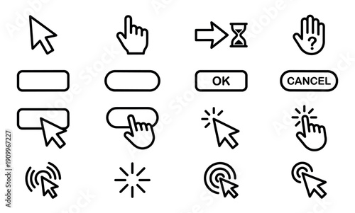 Collection of black line art cursor icons for user interface design, including arrow, hand, hourglass, and click symbols with OK and Cancel buttons in a minimalist vector style