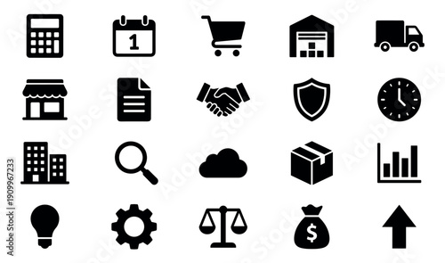 Collection of black business and e-commerce icons representing finance, logistics, and corporate concepts in a minimalist flat glyph style for web and app design