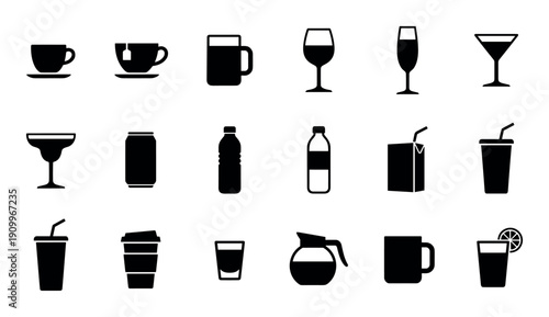 Large collection of black beverage icons representing various drinks like coffee, tea, wine, and soda, presented in a clean, minimalist, flat graphic design style