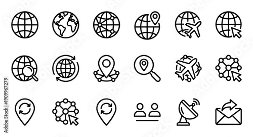 Collection of black line art icons representing global communication, travel, internet technology, location services, and business networking in a minimalist vector style