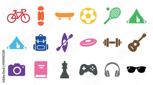 Diverse collection of colorful flat icons representing various lifestyle hobbies, sports, and leisure activities including cycling, camping, gaming, music, and photography