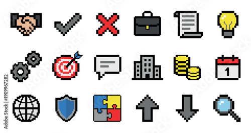 Set of business pixel art icons for finance, strategy, and communication concepts, featuring a handshake, target, globe, and puzzle in a retro 8-bit video game style